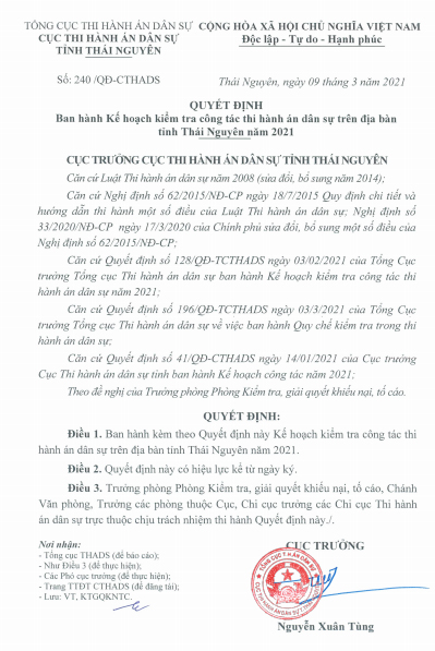 Ban hành Kế hoạch kiểm tra công tác THADS năm 2021