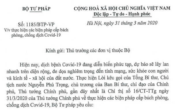 Công văn của Bộ Tư pháp về việc thực hiện các biện pháp cấp bách phòng, chống dịch Covid-19