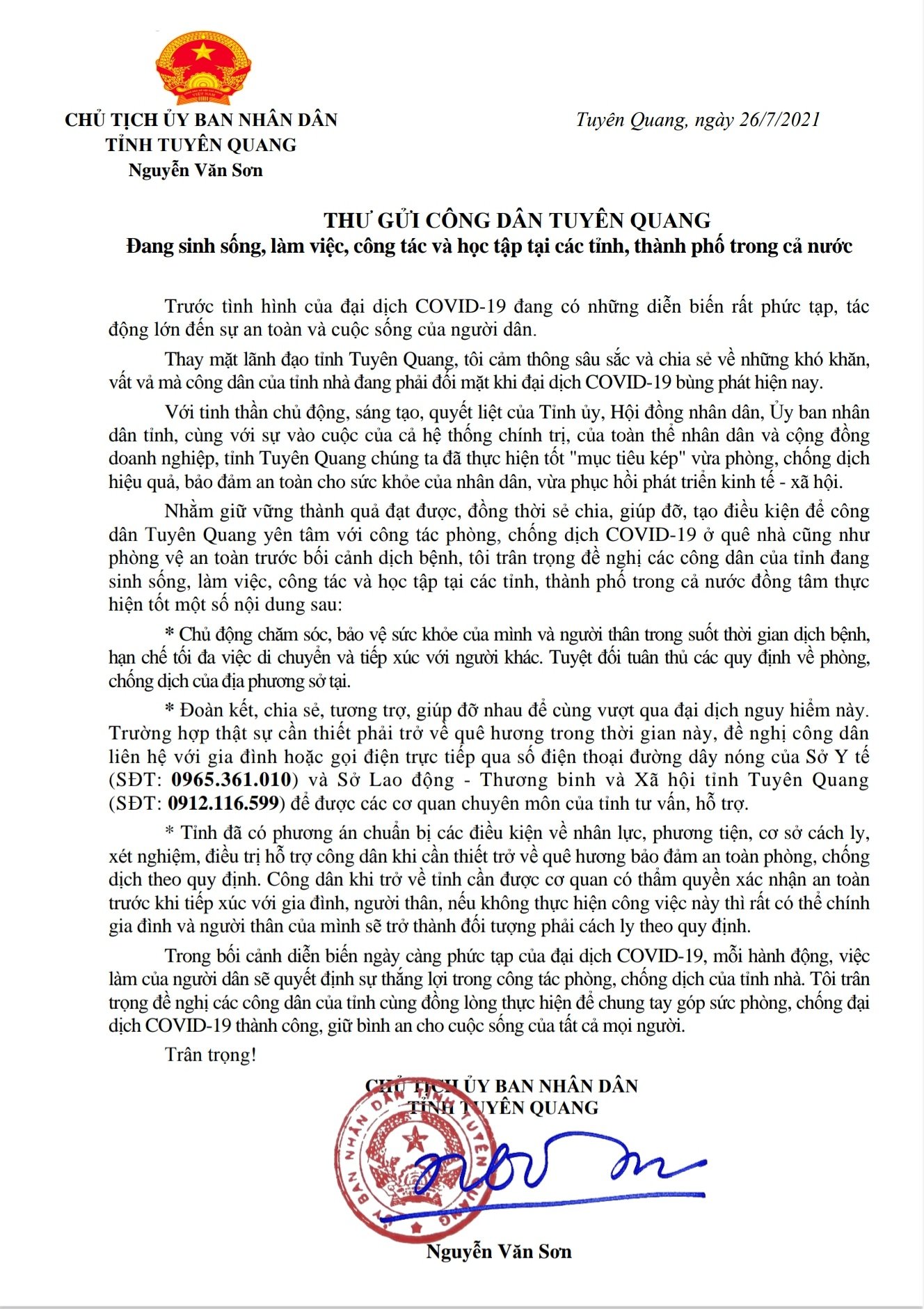 Thư của Chủ tịch UBND tỉnh Nguyễn Văn Sơn gửi công dân Tuyên Quang đang sinh sống , làm việc, công tác và học tập tại các tỉnh, thành phố trong cả nước