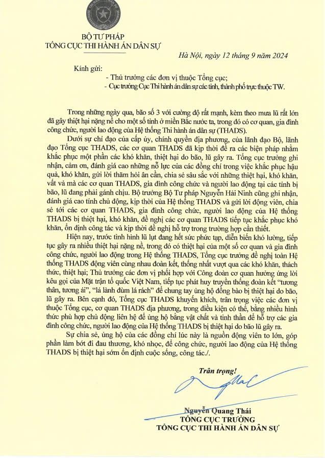 Thư của Tổng cục trưởng Tổng cục Thi hành án dân sự Nguyễn Quang Thái gửi Hệ thống THADS động viên, chia sẻ và kêu gọi chung tay khắc phục thiệt hại do mưa lũ do Bão số 3 gây ra