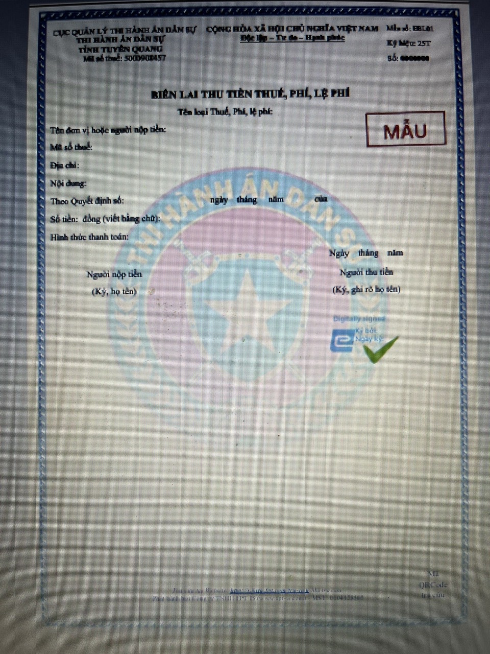 Thông báo của Cục Thuế - Bộ Tài chính về việc chấp nhận đăng ký thông tin sử dụng chứng từ và Mẫu biên lai điện tử thu tiền thuế, phí, lệ phí của Thi hành án dân sự tỉnh Tuyên Quang