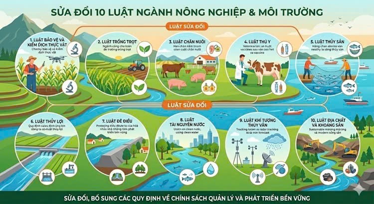 10 luật quan trọng trong lĩnh vực n&ocirc;ng nghiệp v&agrave; m&ocirc;i trường sớm được sửa đổi, bảo đảm c&oacute; hiệu lực trước ng&agrave;y 1/3/2027. Ảnh: AI.