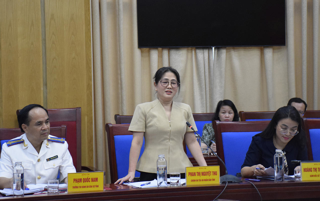Chánh án TAND tỉnh Nghệ An Phan Thị Nguyệt Thu phát biểu tại buổi làm việc.