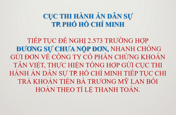 Ảnh đại diện CỤC THI HÀNH ÁN DÂN SỰ TP. HỒ CHÍ MINH THÔNG BÁO VỀ VIỆC THI HÀNH ÁN VỤ ÁN TRƯƠNG MỸ LAN VÀ ĐỒNG PHẠM