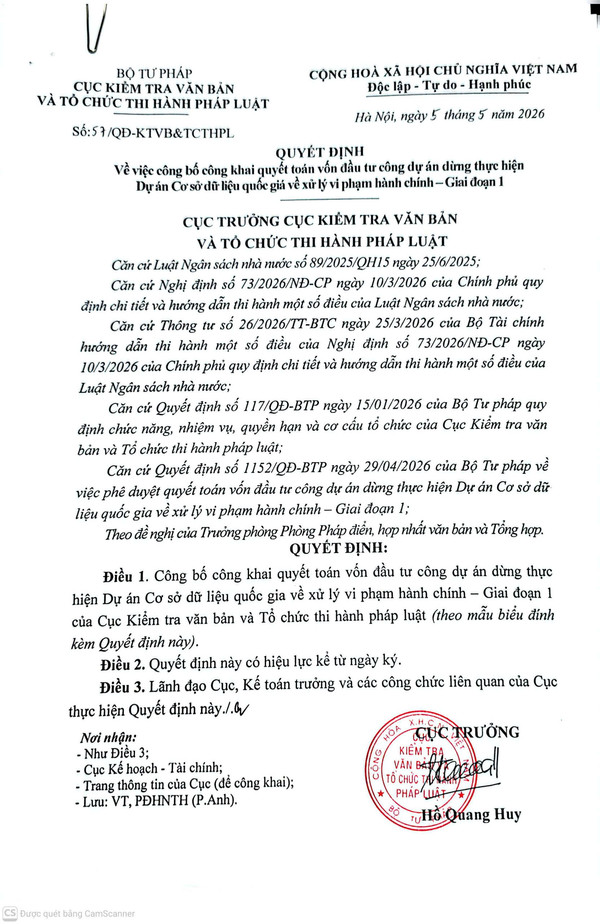 Ảnh đại diện Cục Kiểm tra văn bản và Tổ chức thi hành pháp luật công bố công khai quyết toán vốn đầu tư công dự án dừng thực hiện Dự án Cơ sở dữ liệu quốc giá về xử lý vi phạm hành chính – Giai đoạn 1