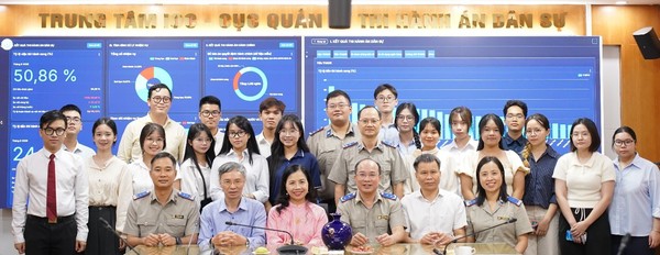 Ảnh đại diện Đoàn công tác Trung tâm Thực hành pháp luật, Trường Đại học Luật Hà Nội thăm quan thực tế tại Trung tâm Giám sát điều hành thông minh, Cục Quản lý Thi hành án dân sự