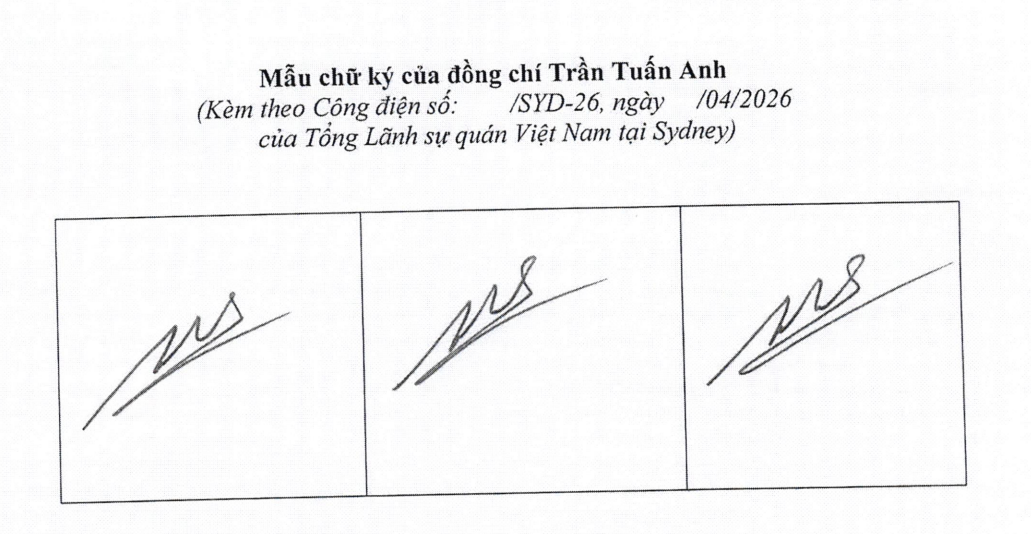 Thông báo chữ ký lãnh sự của đồng chí Trần Tuấn Anh, Lãnh sự, Tổng Lãnh sự quán Việt Nam tại Xít - ni (Ô-xtrây-li-a)
