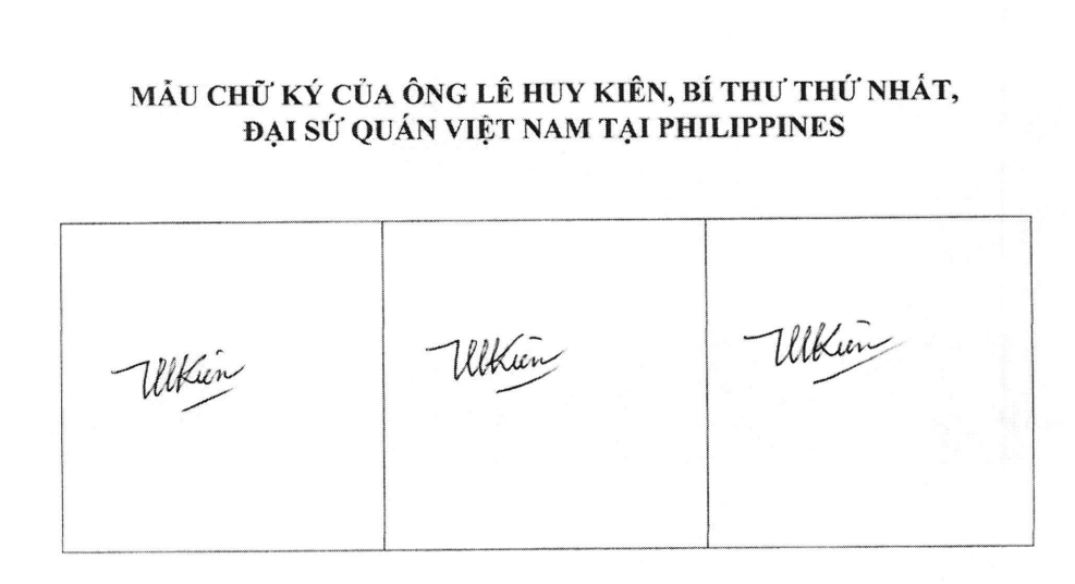 Thông báo chữ ký của đồng chí Lê Huy Kiên, Bí thư thứ Nhất, Đại sứ quán Việt Nam tại Phi-líp-pin