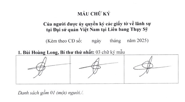 Ảnh đại diện Thông báo chữ ký của đồng chí Bùi Hoàng Long, Bí thư thứ nhất, Đại sứ quán nước CHXHCN Việt Nam tại Thụy Sỹ