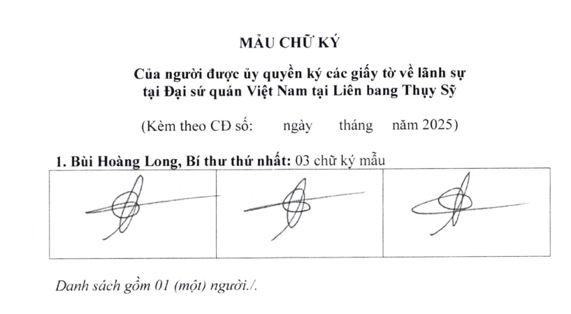 Thông báo chữ ký của đồng chí Bùi Hoàng Long, Bí thư thứ nhất, Đại sứ quán nước CHXHCN Việt Nam tại Thụy Sỹ