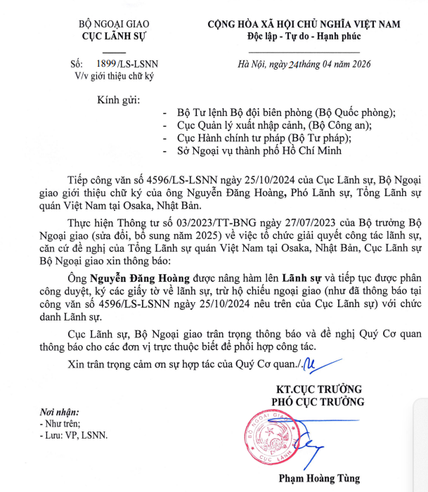 Thông báo chữ ký của đồng chí Nguyễn Đăng Hoàng, Lãnh sự,  Tổng Lãnh sự quán Việt Nam tại Osaka, Nhật Bản
