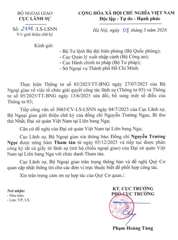 Ảnh đại diện Thông báo chữ ký của đồng chí Nguyễn Trường Ngọc, Tham tán, Đại sứ quán nước CHXHCN Việt Nam tại Liên Bang Nga