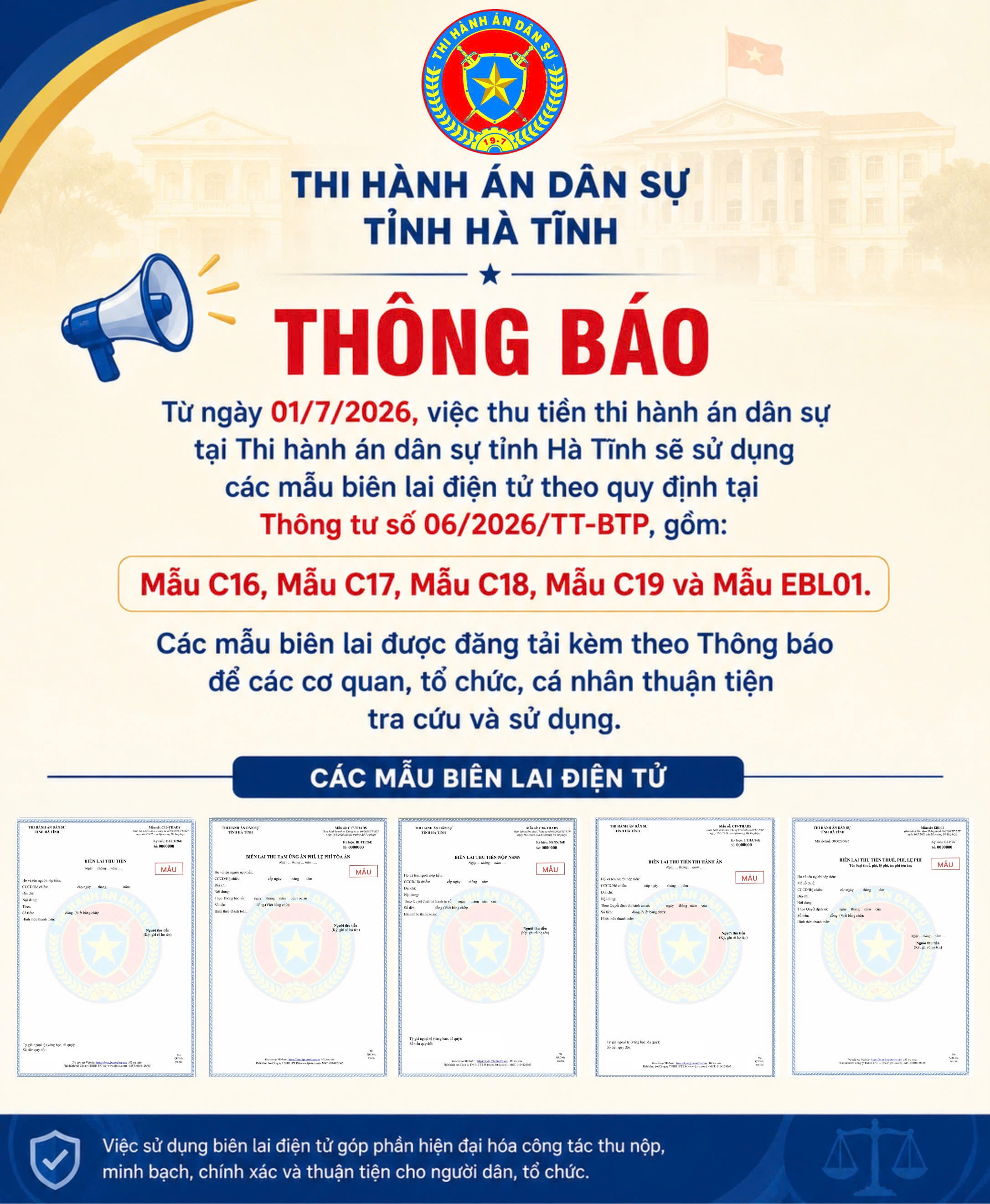 Ảnh đại diện Thông báo về việc triển khai sử dụng mẫu biên lai điện tử thu tiền thi hành án dân sự, áp dụng thống nhất kể từ ngày 01/7/2026