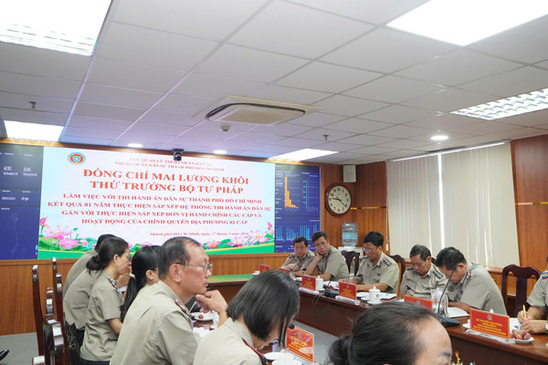 Ảnh đại diện Đoàn công tác Bộ Tư pháp làm việc tại Thi hành án dân sự Thành phố Hồ Chí Minh về sơ kết 01 năm thực hiện sắp xếp hệ thống Thi hành án dân sự